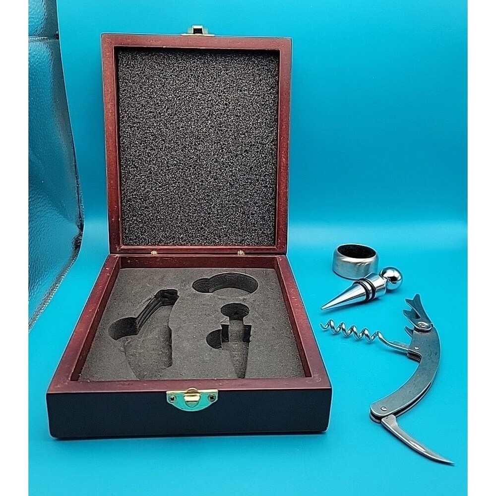 Elegant Sommelier Wine Set Wood Case Stopper, Corkscrew, Bottle Collar